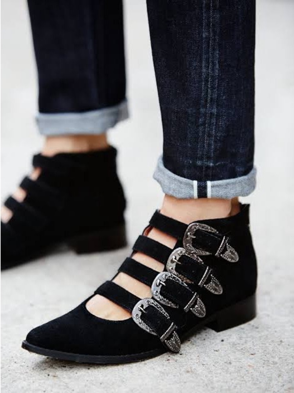 Black Buckle-Strap Ankle Booties for Women